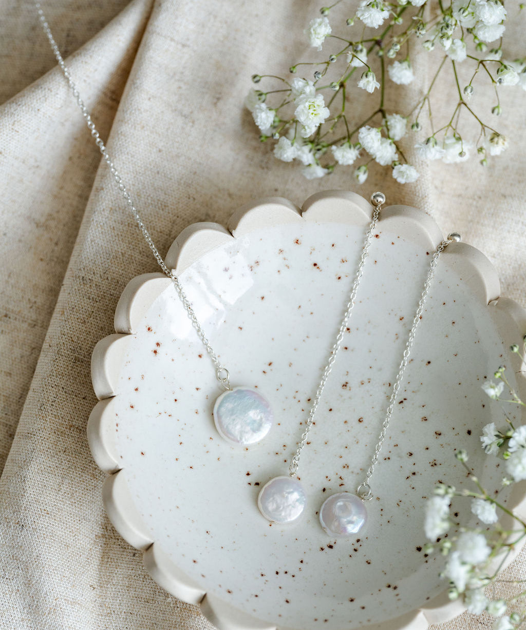 Coin pearl necklace and coin pearl drop earrings gift set