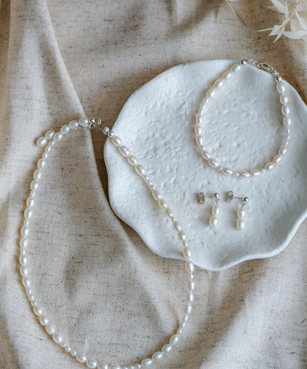 Pearl necklace, pearl earrings and pearl bracelet gift set