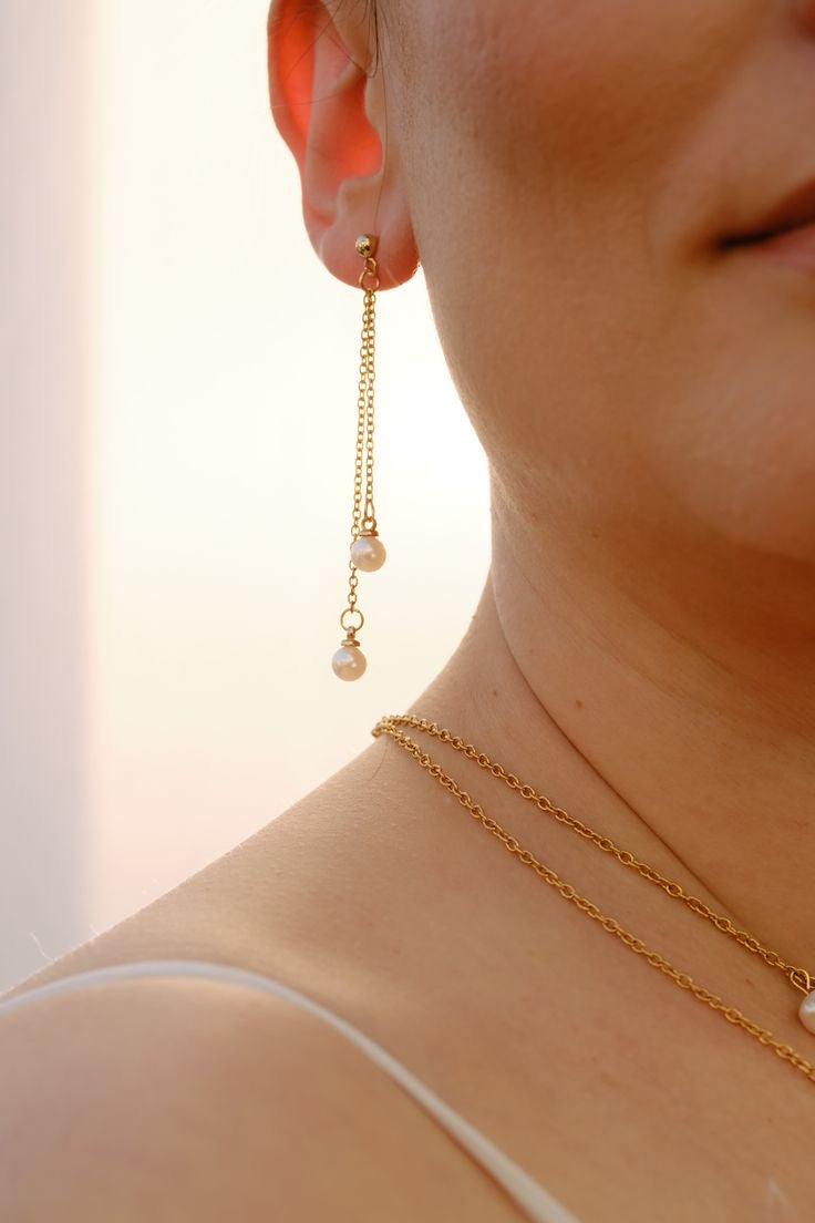 Double Pearl drop 18ct gold plated earrings image 1