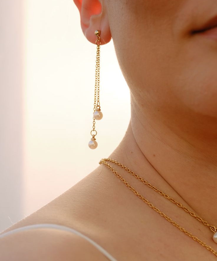 Double Pearl drop 18ct gold plated earrings image 1