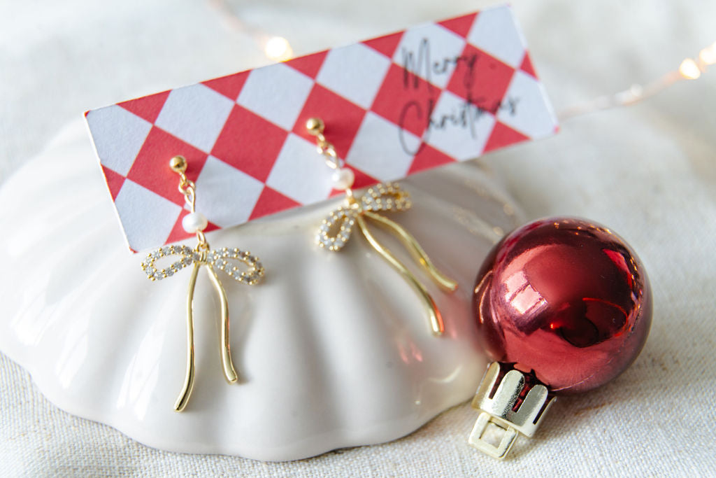 Gold Bow Pearl Drop Earrings