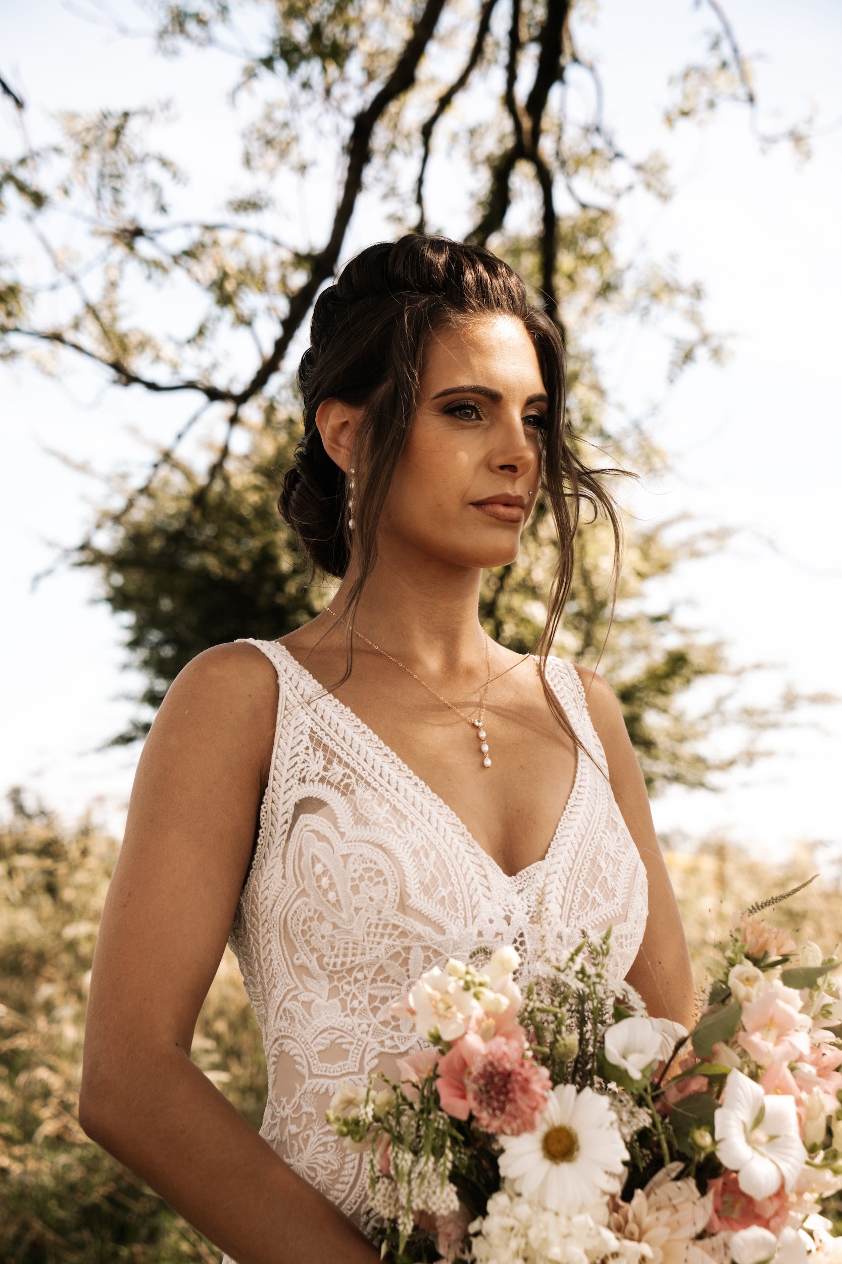 Pearl earrings and necklace set on wedding day