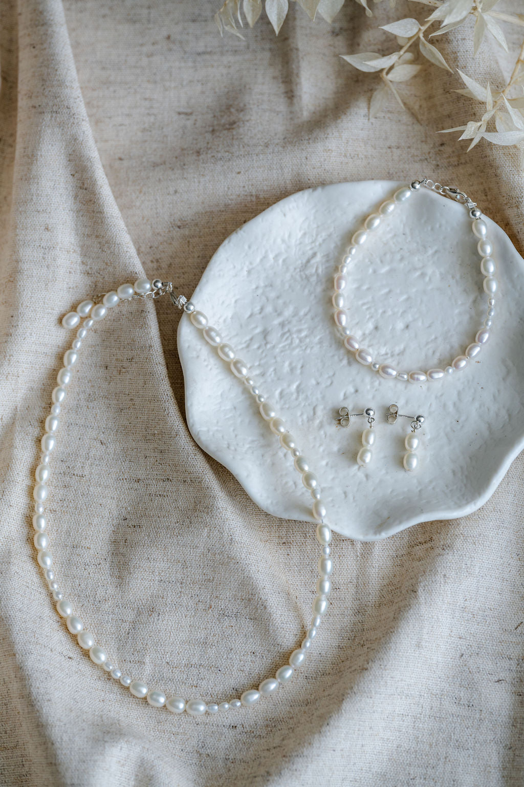 Pearl necklace, pearl earrings and pearl bracelet gift set