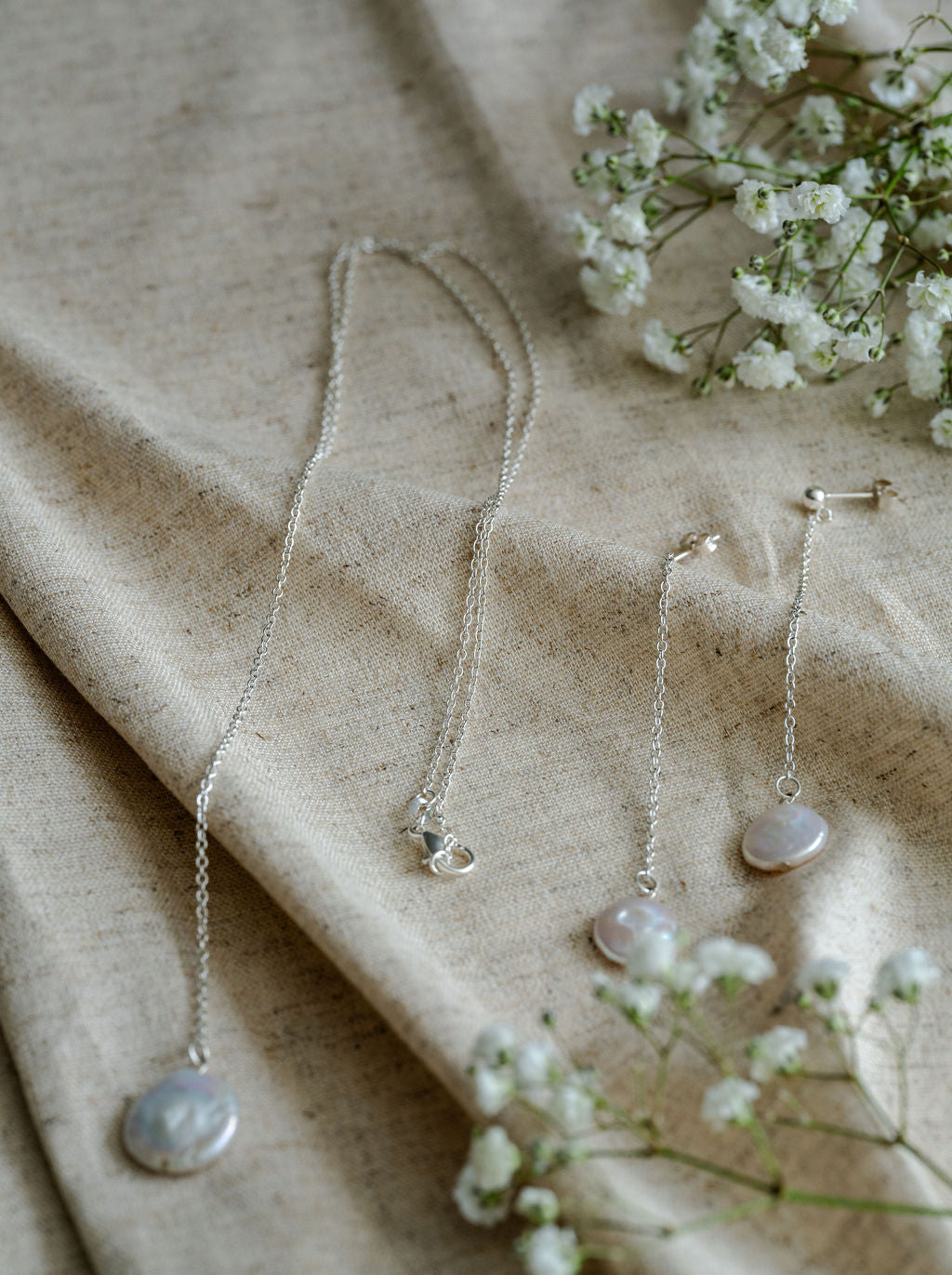 Silver pearl necklace with pearl earrings gift set 